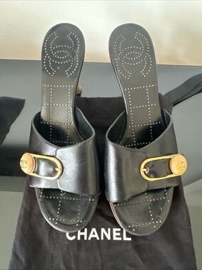 CHANEL Black Leather Slide Mules with Gold CC Buckle size 6
